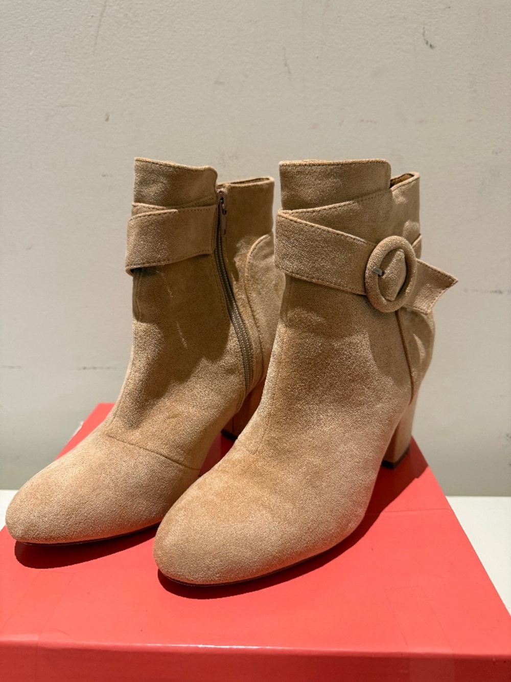 Tan Suede Buckle Strap Ankle Boots
